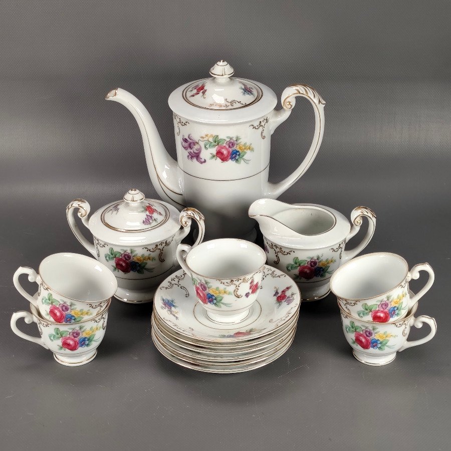 Juego de Café Japonés "Jyoto" con Cafetera, Azucarero, Lechera y 5 Dúos de Taza y Plato