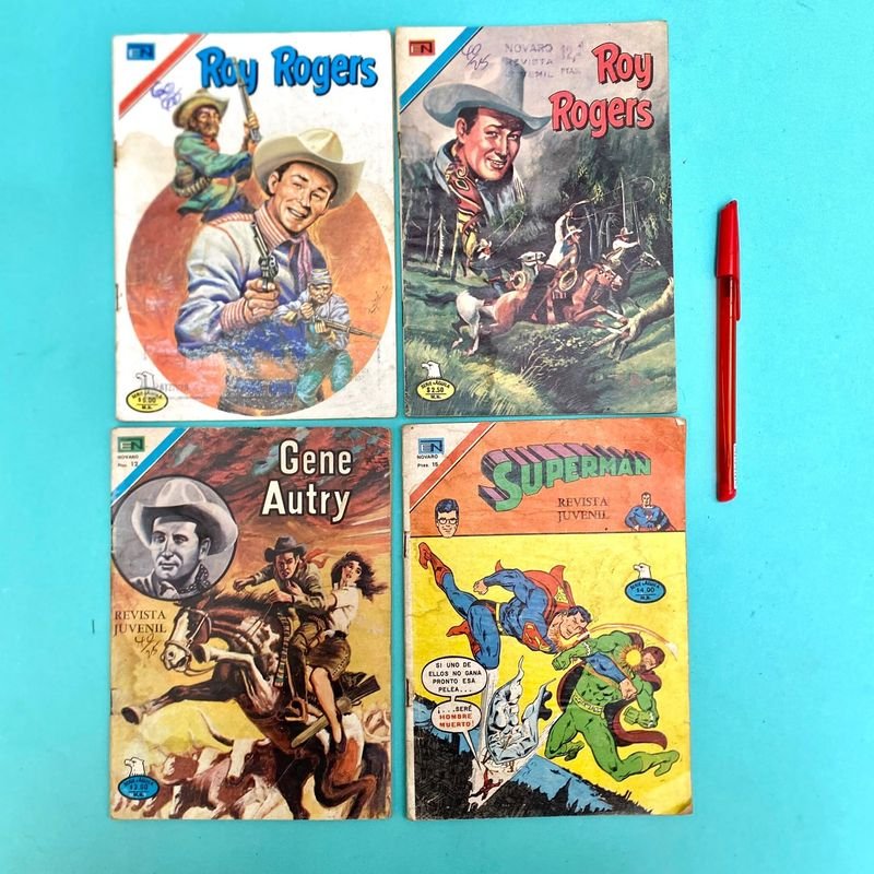 Lote de 4 Revistas de Cómics Clásicas de Editorial Novaro: Roy Rogers, Gene Autry, Superman (1950s-1960s)