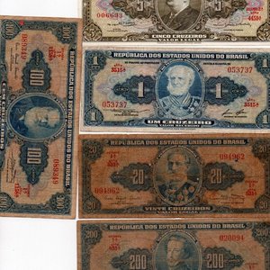 Lote de 5 Billetes de Brasil: 1, 5, 20, 100 y 200 Cruzeiros (1950s-1960s) - imagen 2