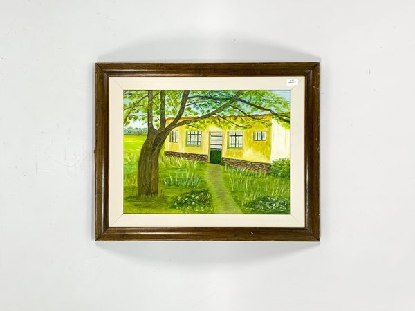 Lote anterior: Pintura óleo de una casa color beige con árbol y jardín