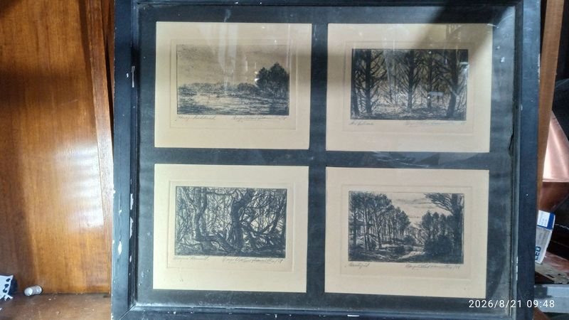 uatro aguafuertes originales firmados a lápiz por el artista uruguayo Hugo O'Neill Hamilton