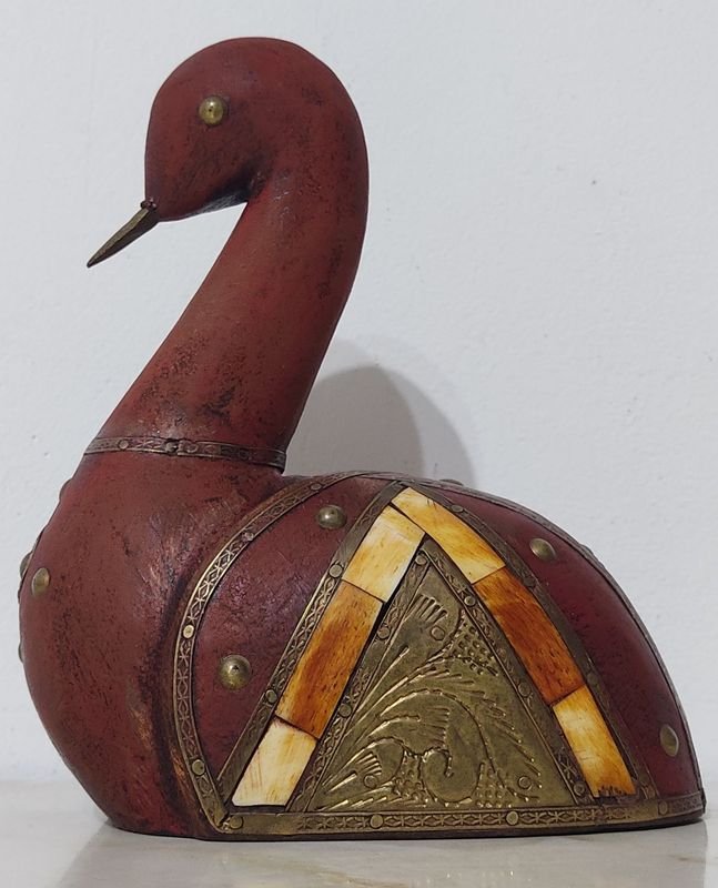 Antiguo Pato de Madera Decorado con Bronce, Coleccionable - imagen 4