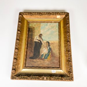 Cuadro al óleo sobre tela: Pareja con niño y figura religiosa, marco de madera dorado - imagen 2