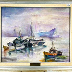Cuadro Óleo sobre Tela "Muelle" Firmado R. Lombardía - imagen 2