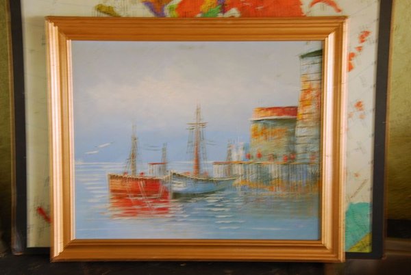 Pintura de barcos en un muelle