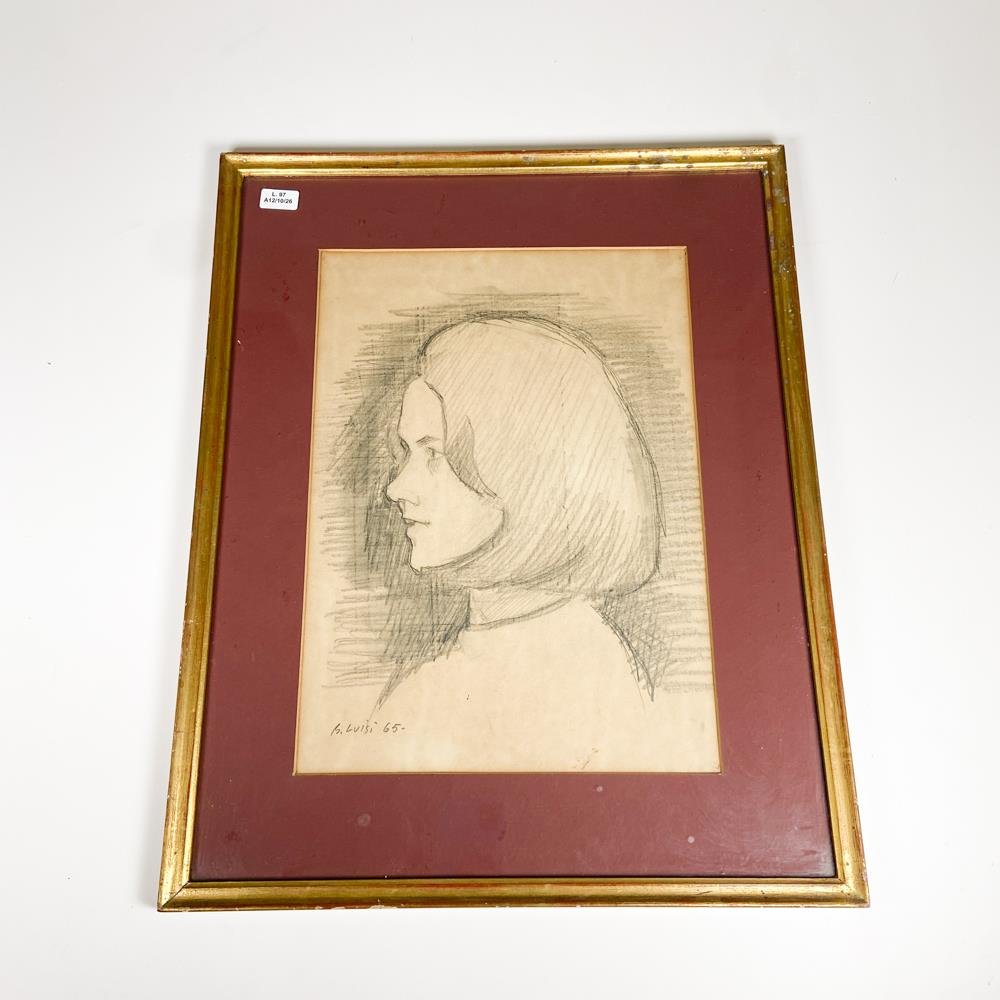 Retrato a Lápiz de Mujer por B. Luisi, Firmado y Fechado 1965