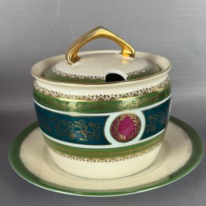 Azucarera y platillo de porcelana con detalles dorados y verdes, Made in Czechoslovakia - imagen 6