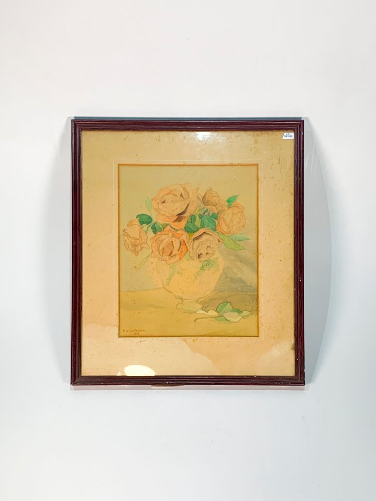Acuarela "Jarrón con Rosas" firmada F. de León Fernández (1949)