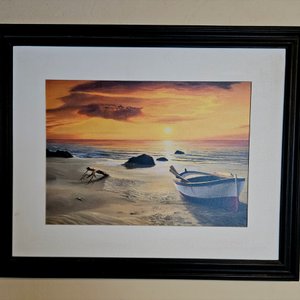 Lote siguiente: Pintura "Atardecer" con Barco y Cangrejos en Playa