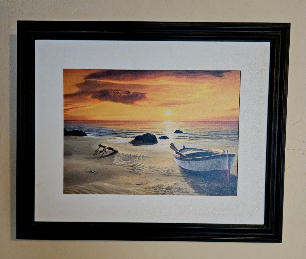 Pintura "Atardecer" con Barco y Cangrejos en Playa