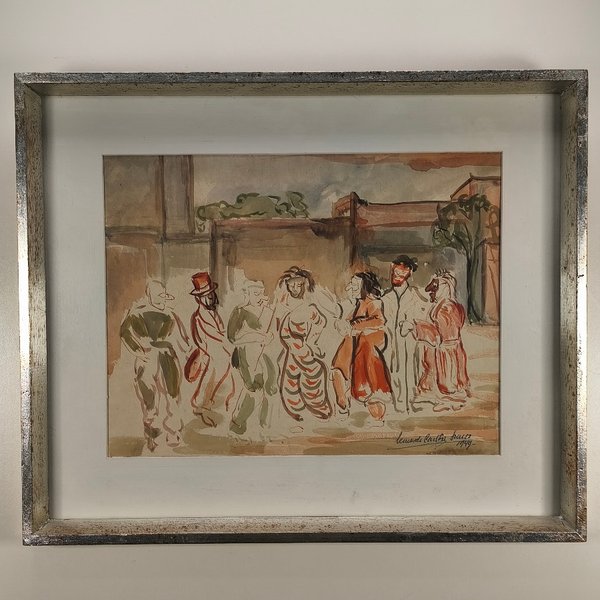 Acuarela y Lápiz "Figuras" Firmada y Fechada 1949, Marco Plateado - imagen 1