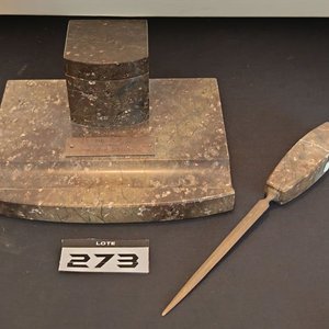 Antiguo Tintero de Escritorio con Abrecartas y Pisa Papel en Mármol Jaspeado - imagen 12