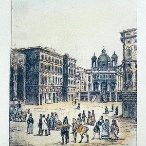 Par de Grabados a Color de Arquitectura Italiana, Marco Dorado y Verde - imagen 2