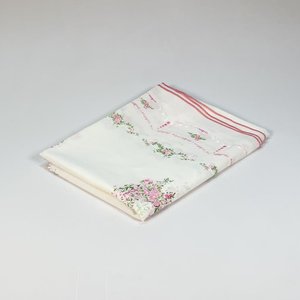 Mantel de Hilo Blanco con Guarda Rosada y Flores - 140x220 cm - imagen 1