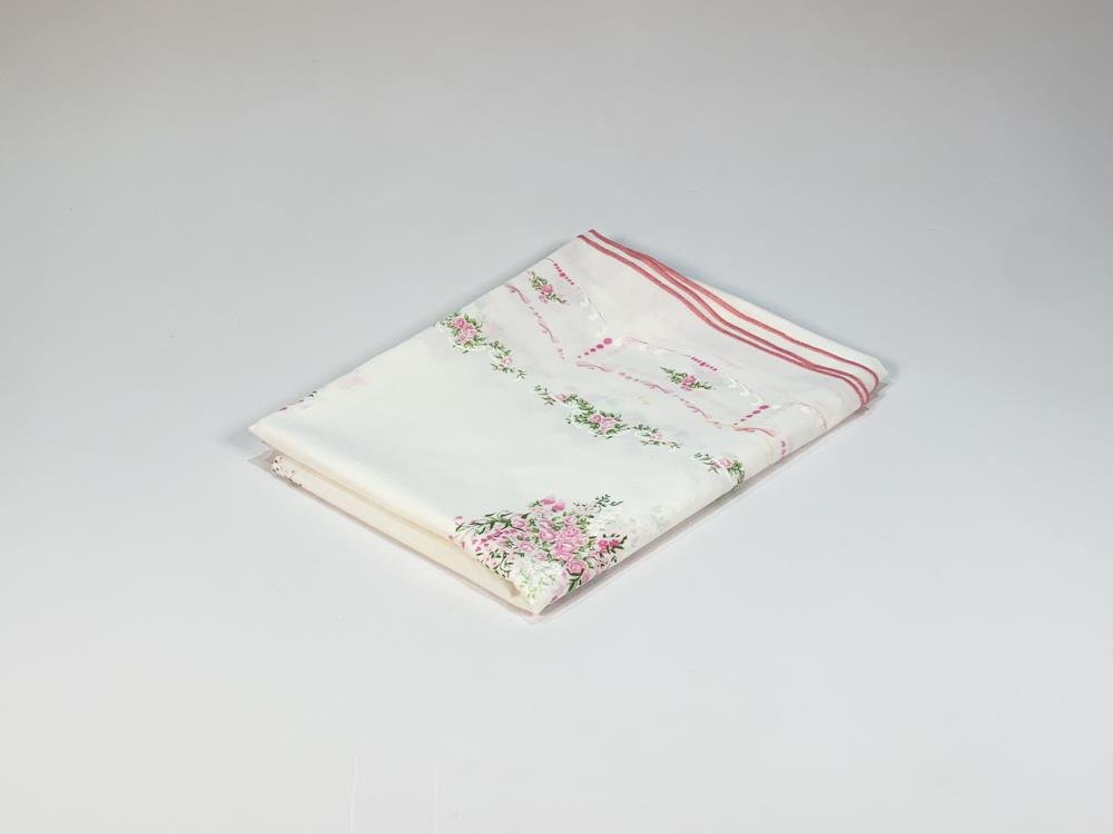 Mantel de Hilo Blanco con Guarda Rosada y Flores - 140x220 cm