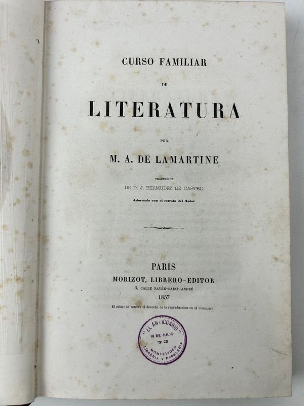 Cuatro tomos de CURSO FAMILIAR DE LITERATURA POR M. A. DE LAMARTINE - Paris 1857 - imagen 2