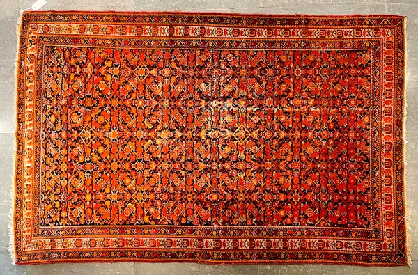 Alfombra Oriental de Lana Roja con Dibujos y Guarda - 189 x 127 cm