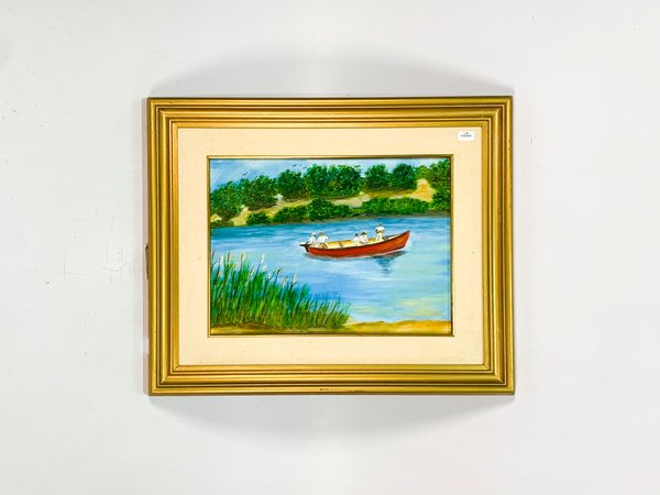 Lote siguiente: Pintura de paisaje con río, barca y personas