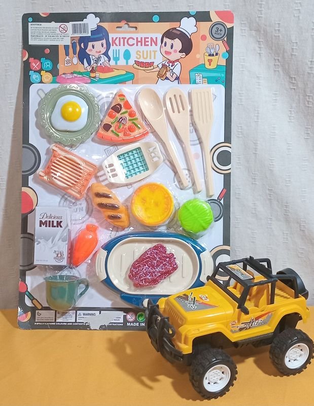 Juego de cocina y jeep para niños