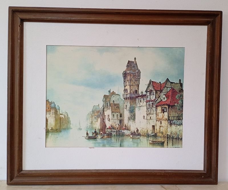Impresión enmarcada de la ciudad europea 'View of Dordrecht Canal'