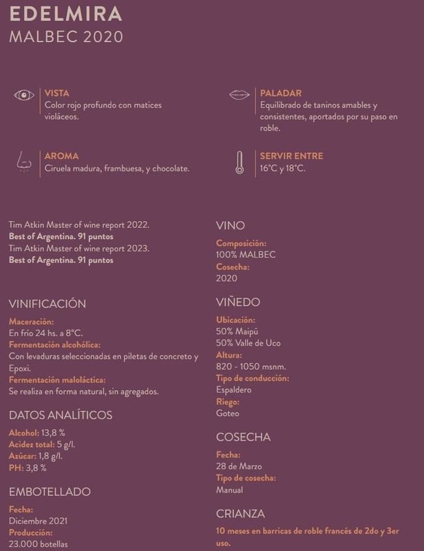 Caja de vino Malbec Reserva Edelmira Mendoza - imagen 2