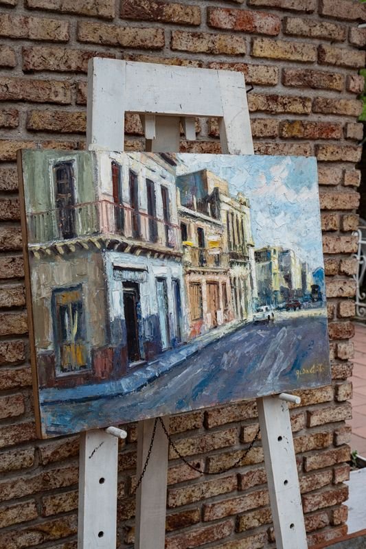 Pintura al óleo "Veredas de la Rambla Portuaria" de Aldo Curto