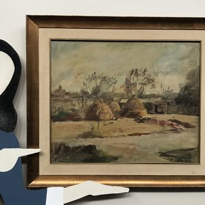 Óleo sobre lienzo "Escena Campestre" de Dante Cola con marco dorado - imagen 7