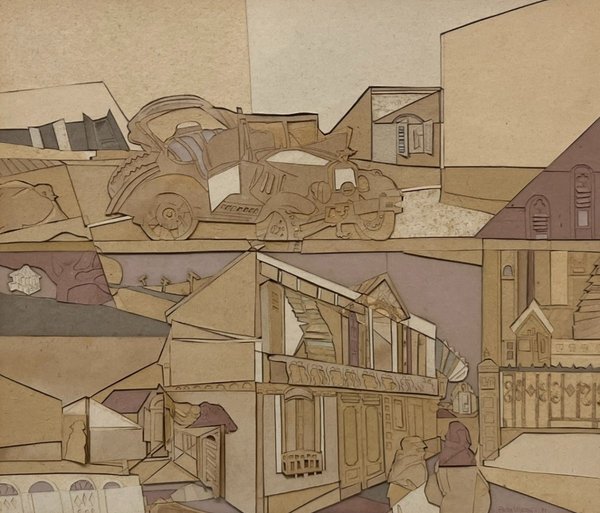Lote siguiente: Javier Velazquez 'Escena de ciudad con cachila' - Técnica mixta y collage sobre cartón