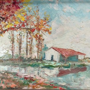 Oleo "Casa junto al lago" firmado S. G. Centurión, marco dorado - imagen 4