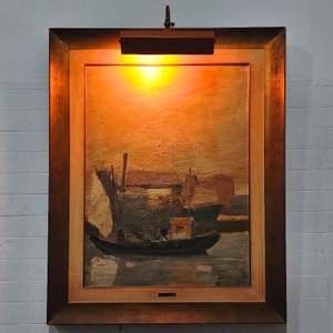 Óleo "Barca" de Hugo Nantes, Marco Dorado con Aplique de Luz - imagen 6