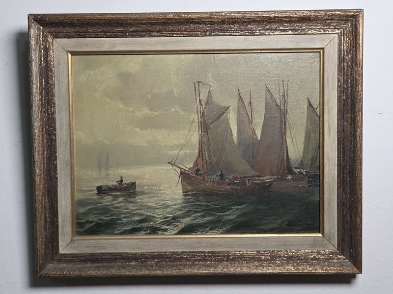 Antiguo Óleo de Barcos de Pesca en el Mar, Firmado