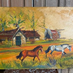 Óleo "Caballos" de Juan Castells, 50 x 74 cm - imagen 2