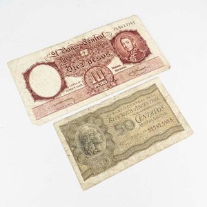 Lote anterior: 2 Billetes Argentinos: 50 Centavos (1947) y 10 Pesos (Década del 50)