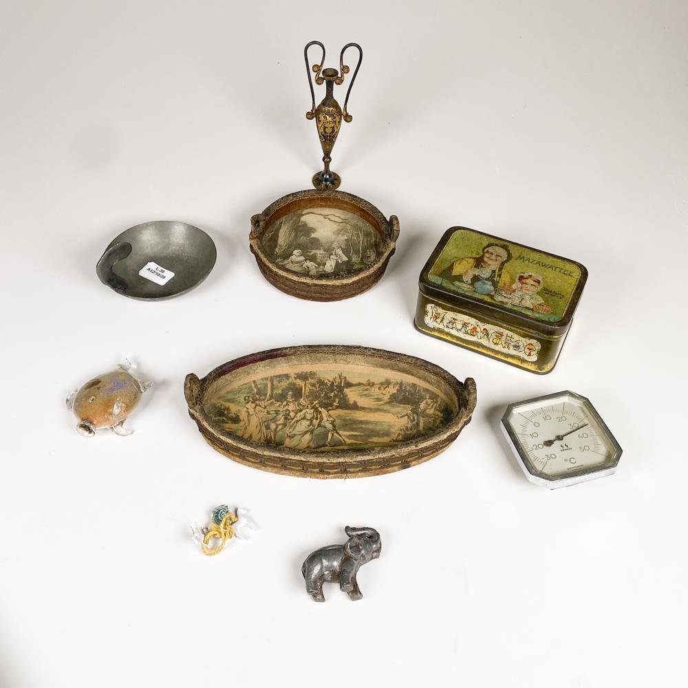 Lote de 8 piezas: Ánfora decorativa, caja antigua, termómetro, figuras y más