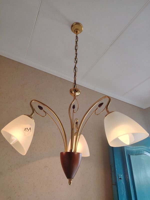 Lámpara Colgante de Bronce y Madera con 3 Picos de Luz