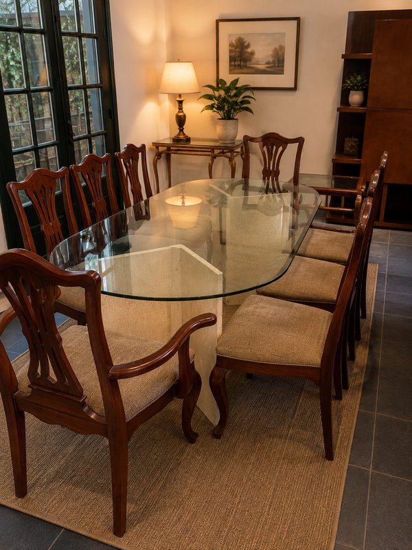Juego de Comedor Ovalado con Tapa de Cristal y 8 Sillas