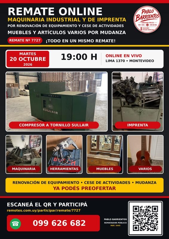 Remate de Maquinaria Industrial, de Imprenta, Muebles y Varios