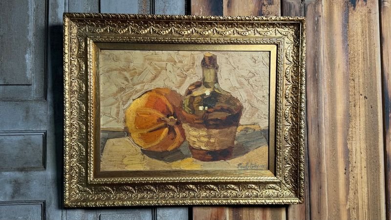 Bodegón de Raúl Pavlotzky: Botella y Calabaza, Óleo sobre Tabla