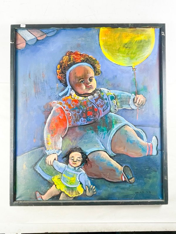 Cuadro al Óleo sobre Tela: Niña con Muñeca y Globo Amarillo, 92 x 78 cm