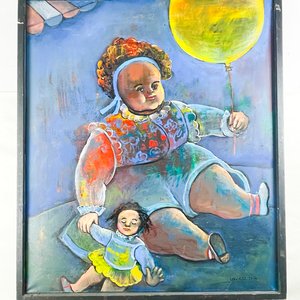 Lote siguiente: Cuadro al Óleo sobre Tela: Niña con Muñeca y Globo Amarillo, 92 x 78 cm