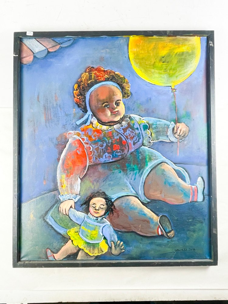 Cuadro al Óleo sobre Tela: Niña con Muñeca y Globo Amarillo, 92 x 78 cm