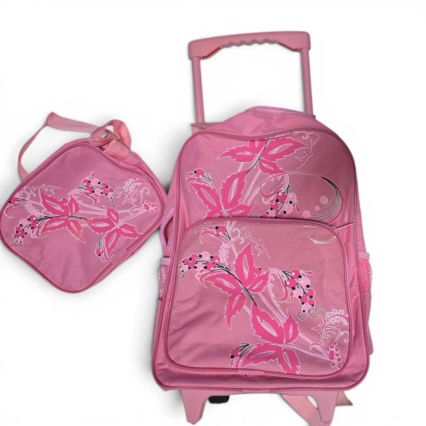 Set de Mochila Infantil con Ruedas y Bolso a Juego, Estampado Mariposas Rosa