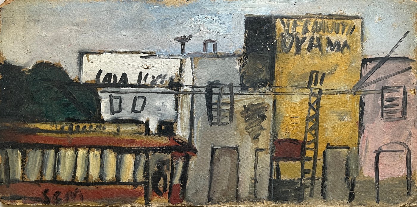 Jonio Montiel "Escena de Ciudad" Óleo sobre Cartón