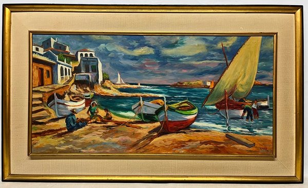 Lote siguiente: Pintura de playa con barcos en oleo sobre tela