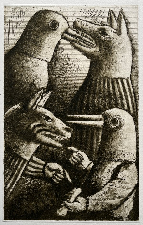 Grabado "El lobo y la grulla" de Luis Alberto Solari, 155/200 - imagen 1