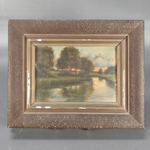 Lote siguiente: Pequeño Óleo Paisaje Fluvial Firmado "Amigo Vergel" y "J.B.B. 1904" con Marco