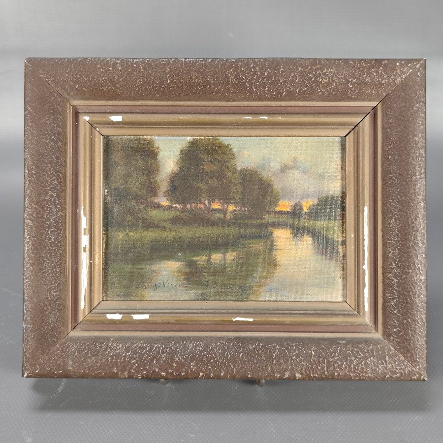 Pequeño Óleo Paisaje Fluvial Firmado "Amigo Vergel" y "J.B.B. 1904" con Marco