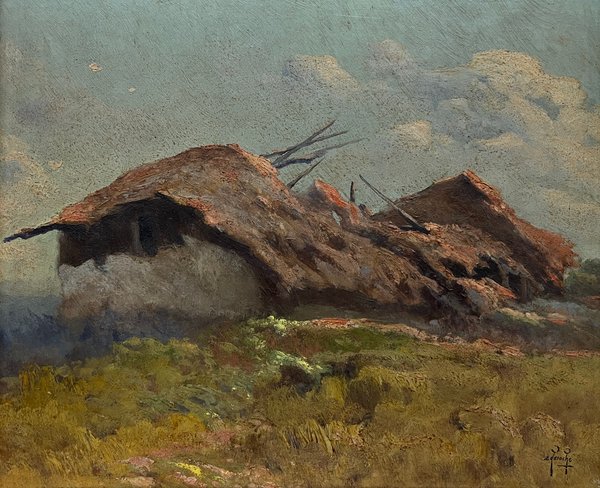 Lote siguiente: Óleo sobre cartón de Ernesto Laroche - 'Rancho de paja'