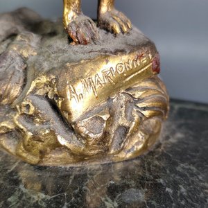 Tintero de Escritorio en Mármol y Bronce con Figura de Perro Firmada A. Marionnet - imagen 4