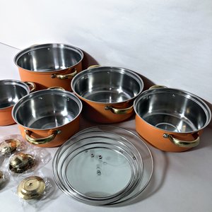 Juego de 5 Cacerolas Esmaltadas Naranja con Tapas de Vidrio y Asas Doradas - imagen 2